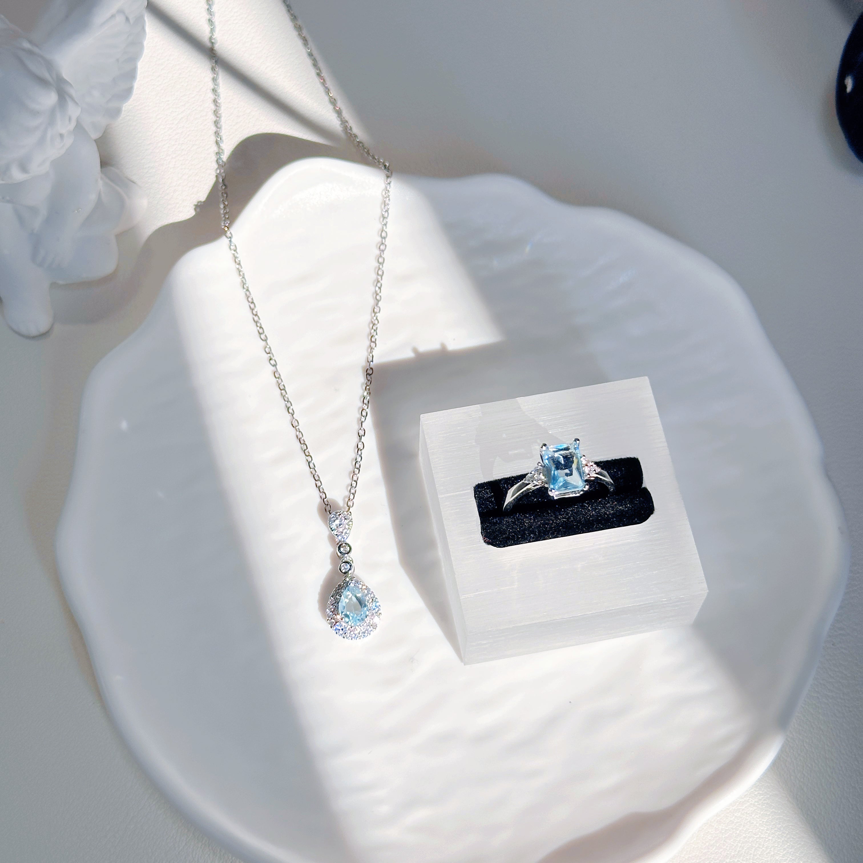 Aqua Serenity Set – s925 Sterling Silver Aquamarine Necklace & Ring | Dainty Teardrop Pendant & Square Band Ring