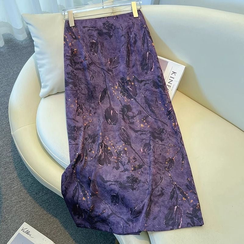 Vintage Floral Midi Skirt – Silky Satin, Elastic Waist
