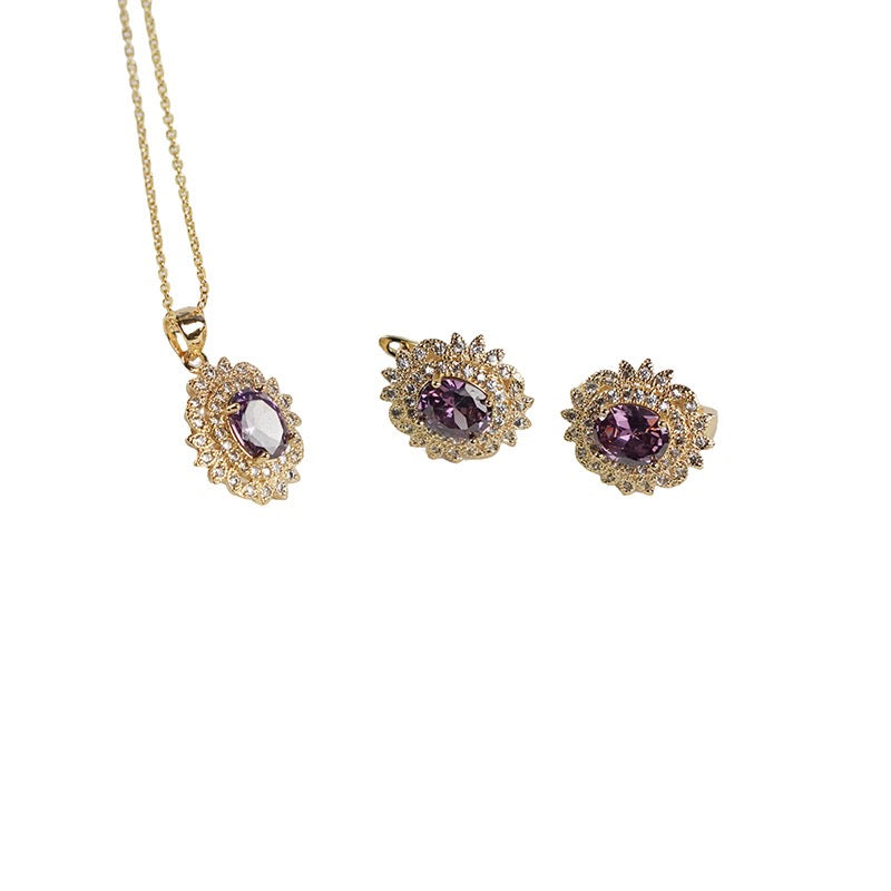 The Eternal Sunflower Duo Set – Necklace & Earrings for Bride & Bridesmaids | Silver/Gold with White/Purple Zirconia
