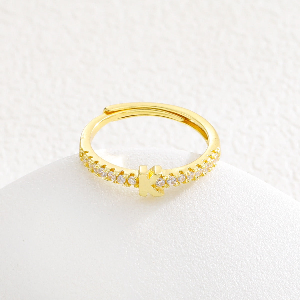 Personalized Initial Ring - Gold Plated Open Band with Sparkling Cubic Zirconia