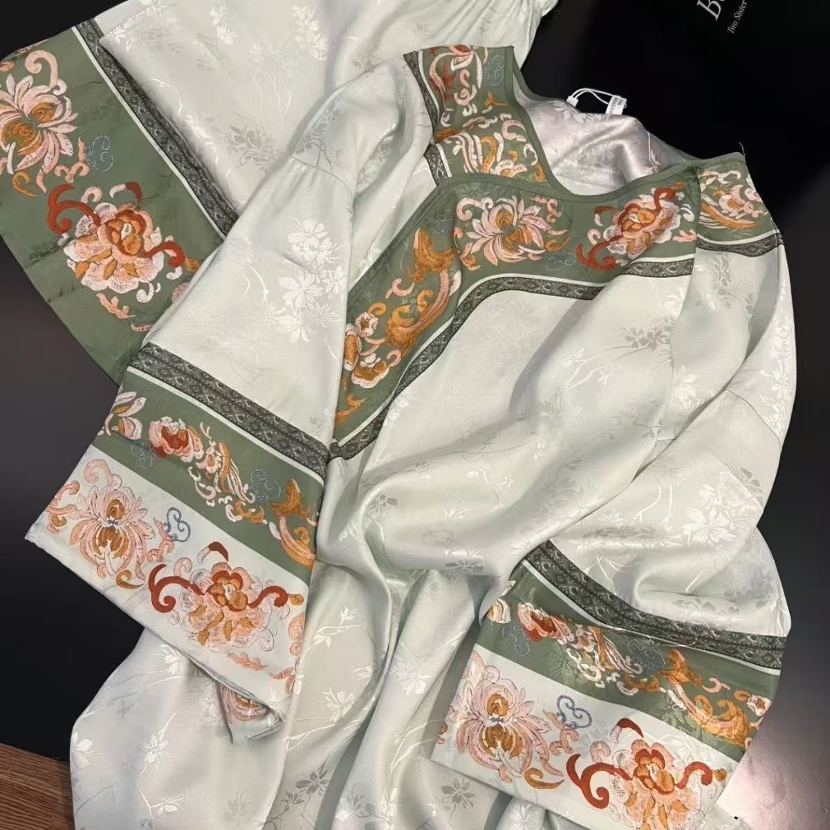 Qing Dynasty Princess Pajama Set – Vintage Court Floral Jacquard, Long-Sleeve
