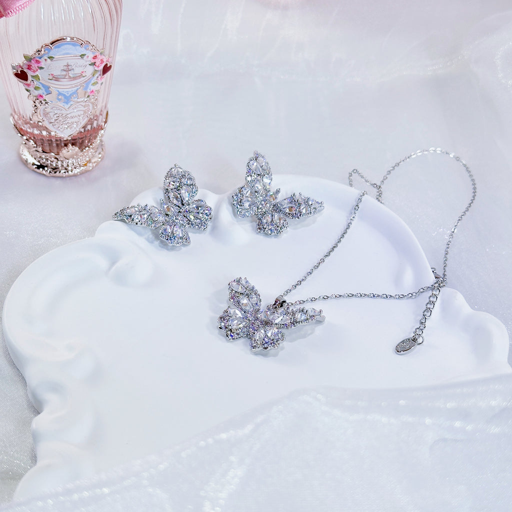 “Midnight Monarch” Butterfly Jewelry Set – Sterling Silver Tone Necklace & Earrings with 3A Zirconia | Bold Statement Set