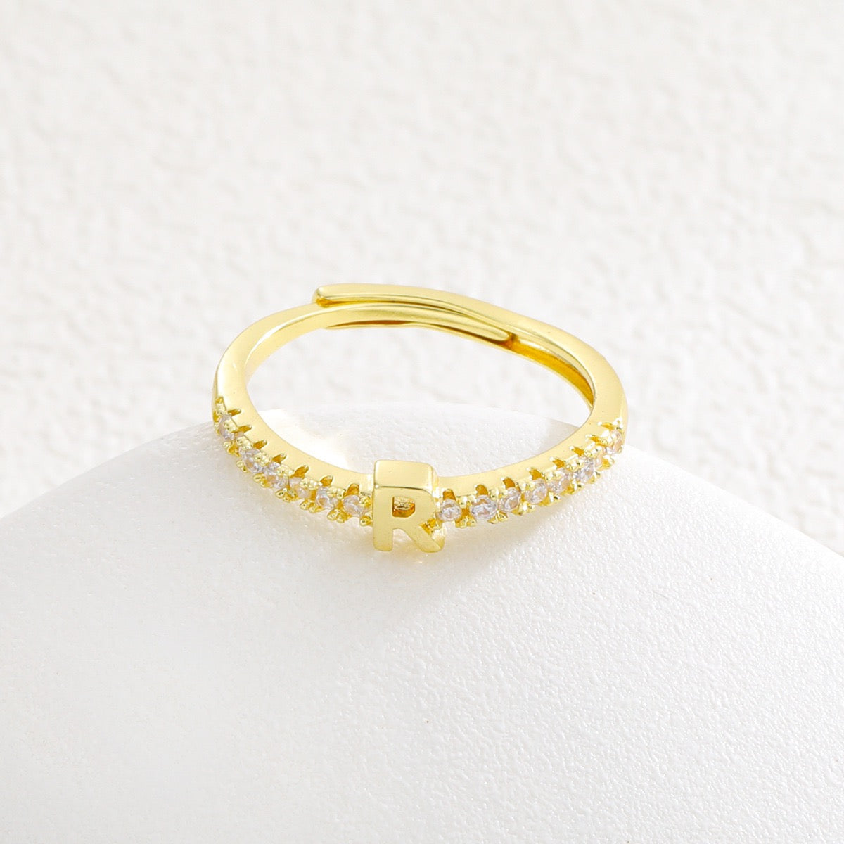 Personalized Initial Ring - Gold Plated Open Band with Sparkling Cubic Zirconia