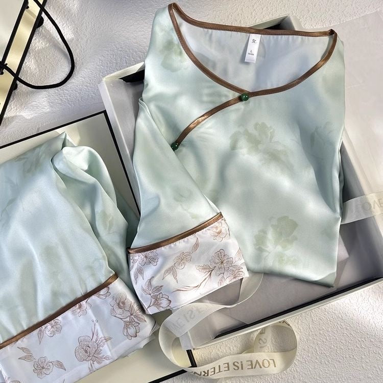 Summer Breeze Cooling Silk-Feel Pajama Set – 3/4 Sleeve Loungewear with Modern Oriental Floral, Plus Size up to 220 lbs
