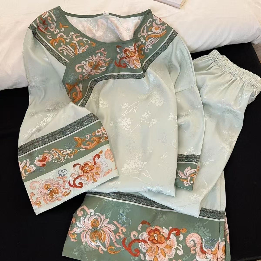 Qing Dynasty Princess Pajama Set – Vintage Court Floral Jacquard, Long-Sleeve
