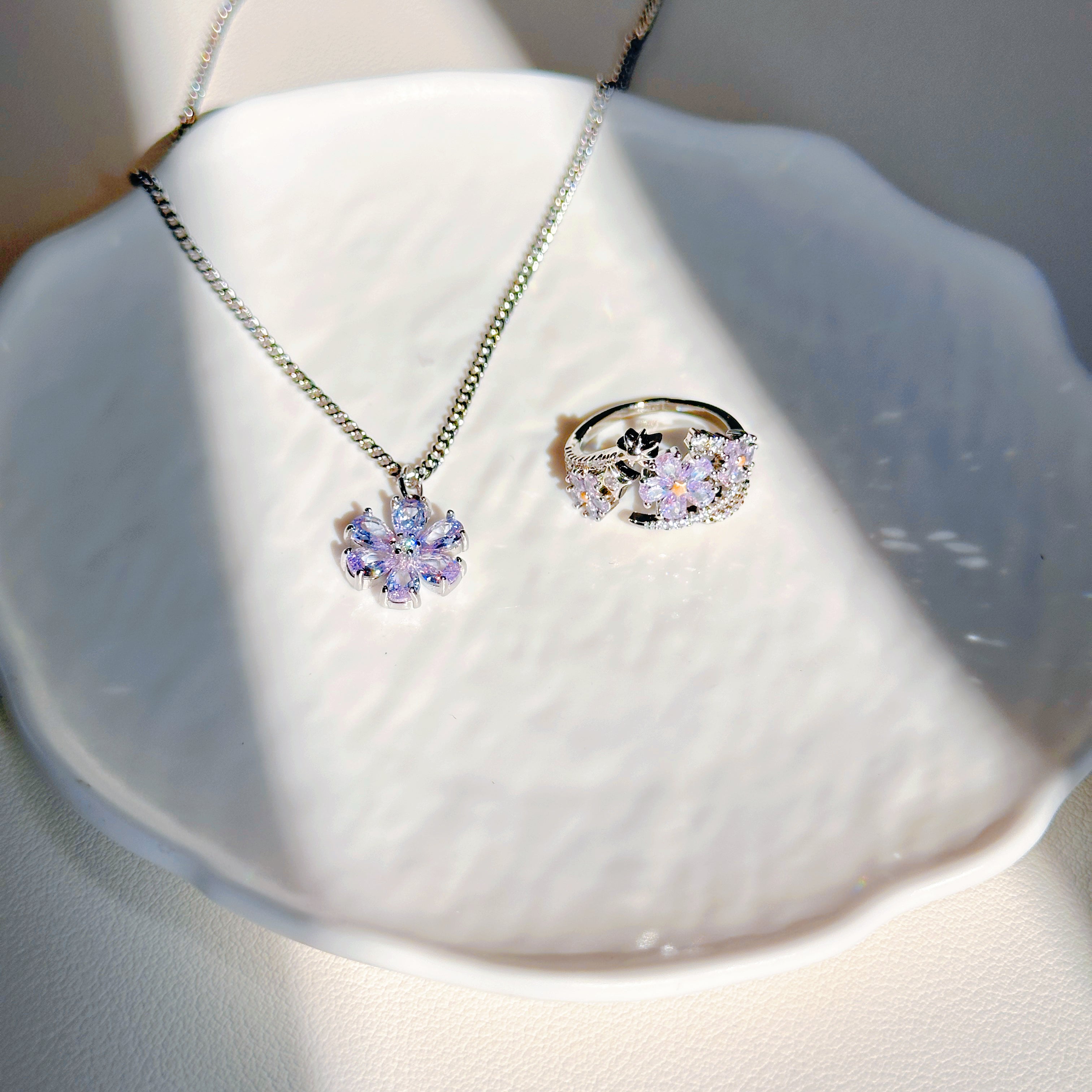 Starbloom Duo – Shen Xinghui Aster Flower Ring & Purple Lilac Necklace | Celestial Jewelry Set