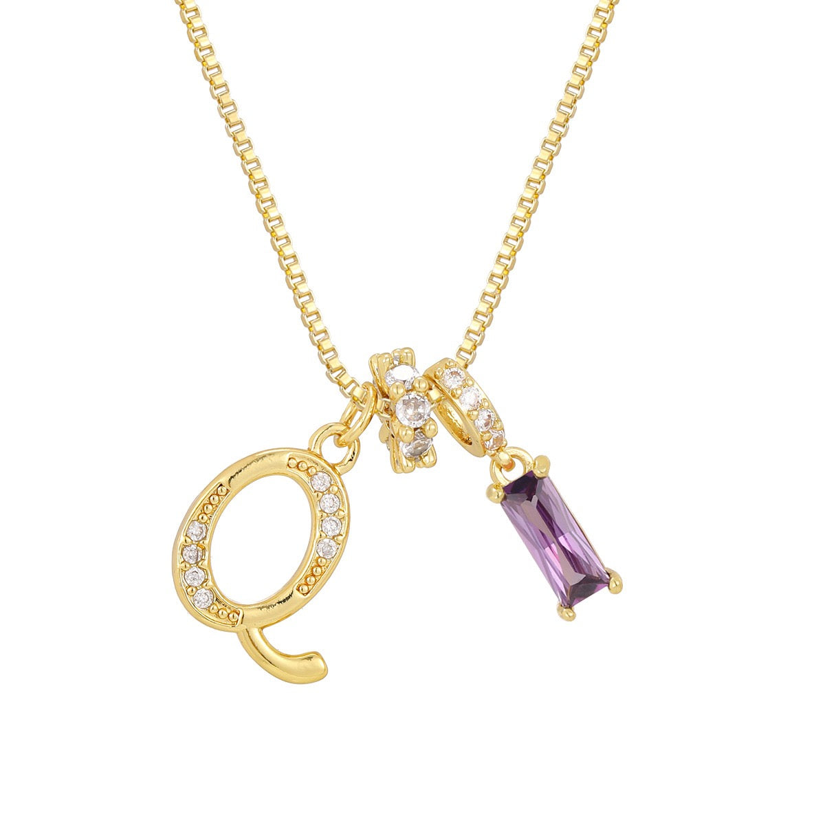 Gold Letter Necklace with Purple CZ - Rectangular Bar Pendant with Custom Initial | Personalized Jewelry