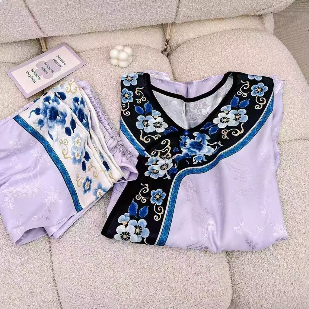 Qing Dynasty Princess Pajama Set – Vintage Court Floral Jacquard, Long-Sleeve