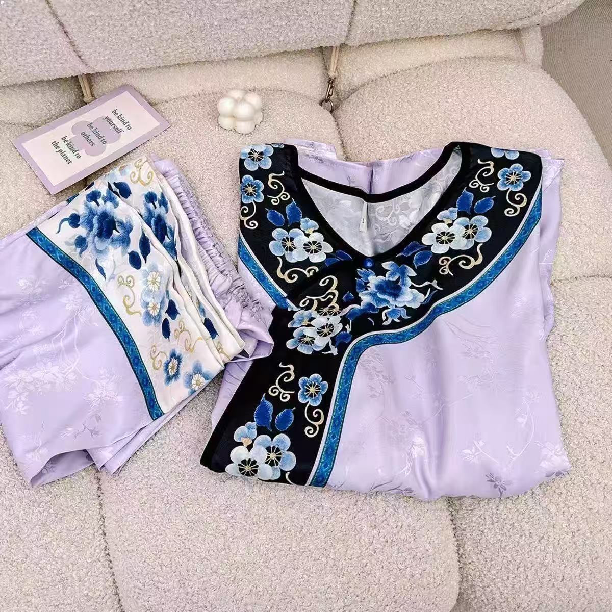 Qing Dynasty Princess Pajama Set – Vintage Court Floral Jacquard, Long-Sleeve