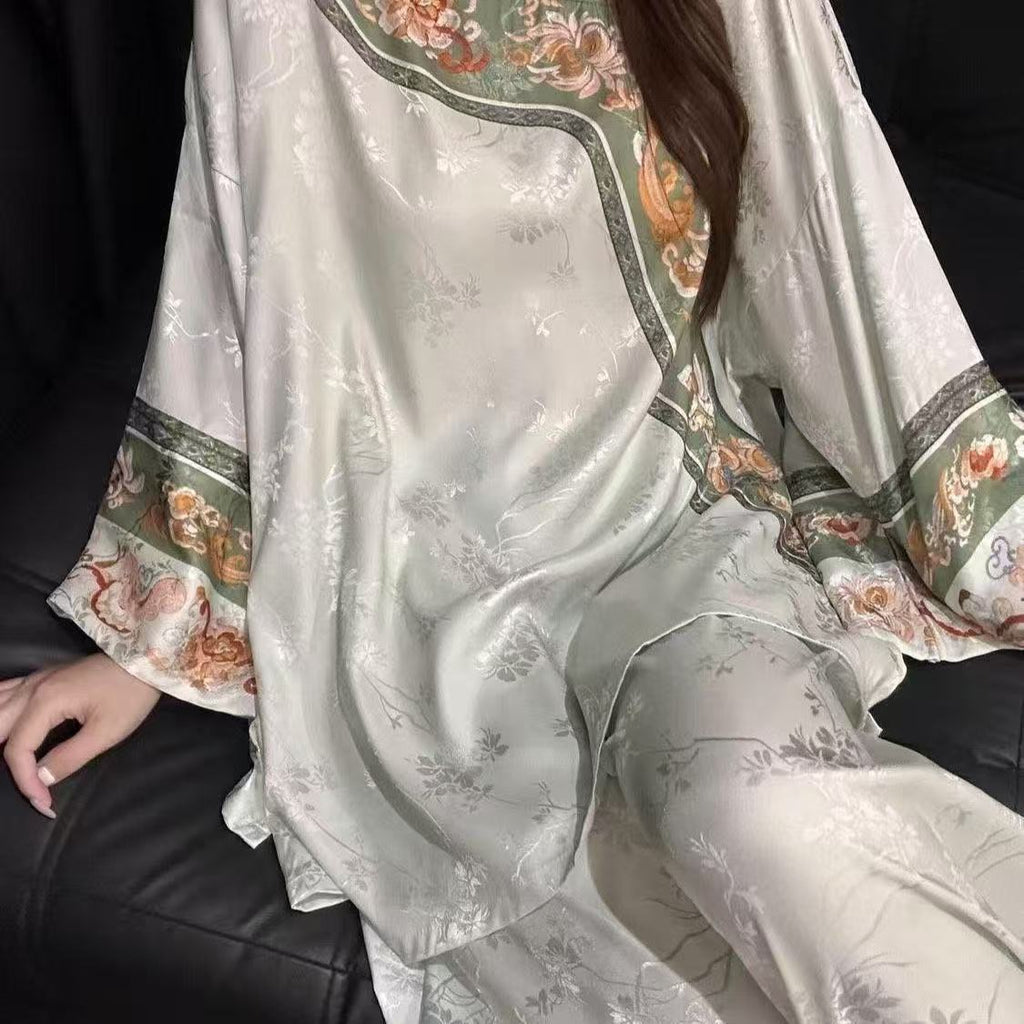 Qing Dynasty Princess Pajama Set – Vintage Court Floral Jacquard, Long-Sleeve