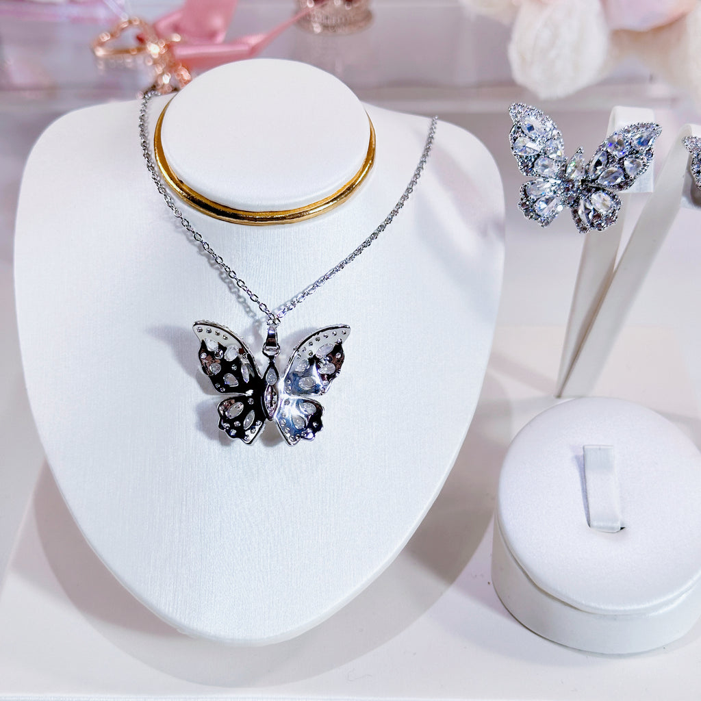 “Midnight Monarch” Butterfly Jewelry Set – Sterling Silver Tone Necklace & Earrings with 3A Zirconia | Bold Statement Set
