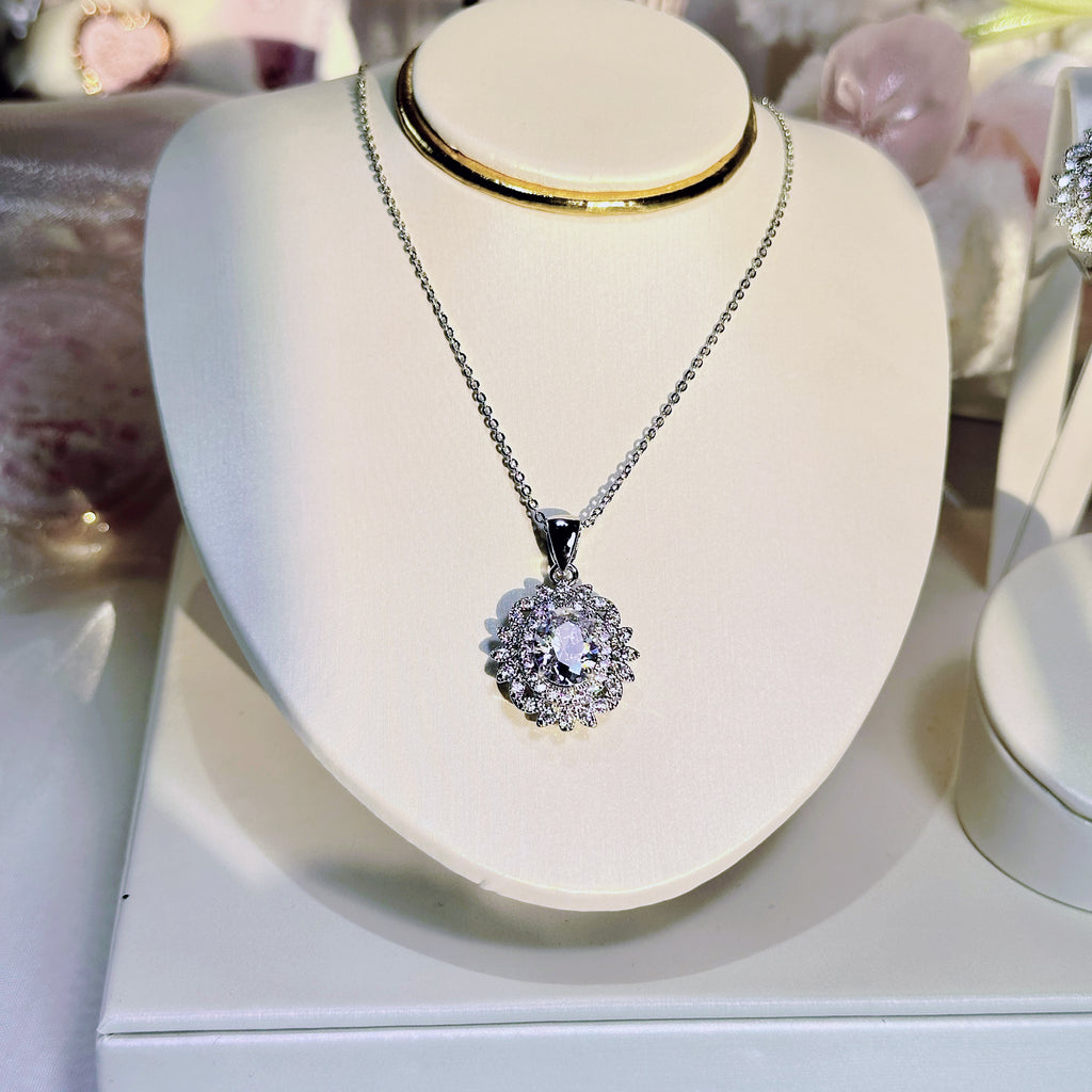 The Eternal Sunflower Duo Set – Necklace & Earrings for Bride & Bridesmaids | Silver/Gold with White/Purple Zirconia
