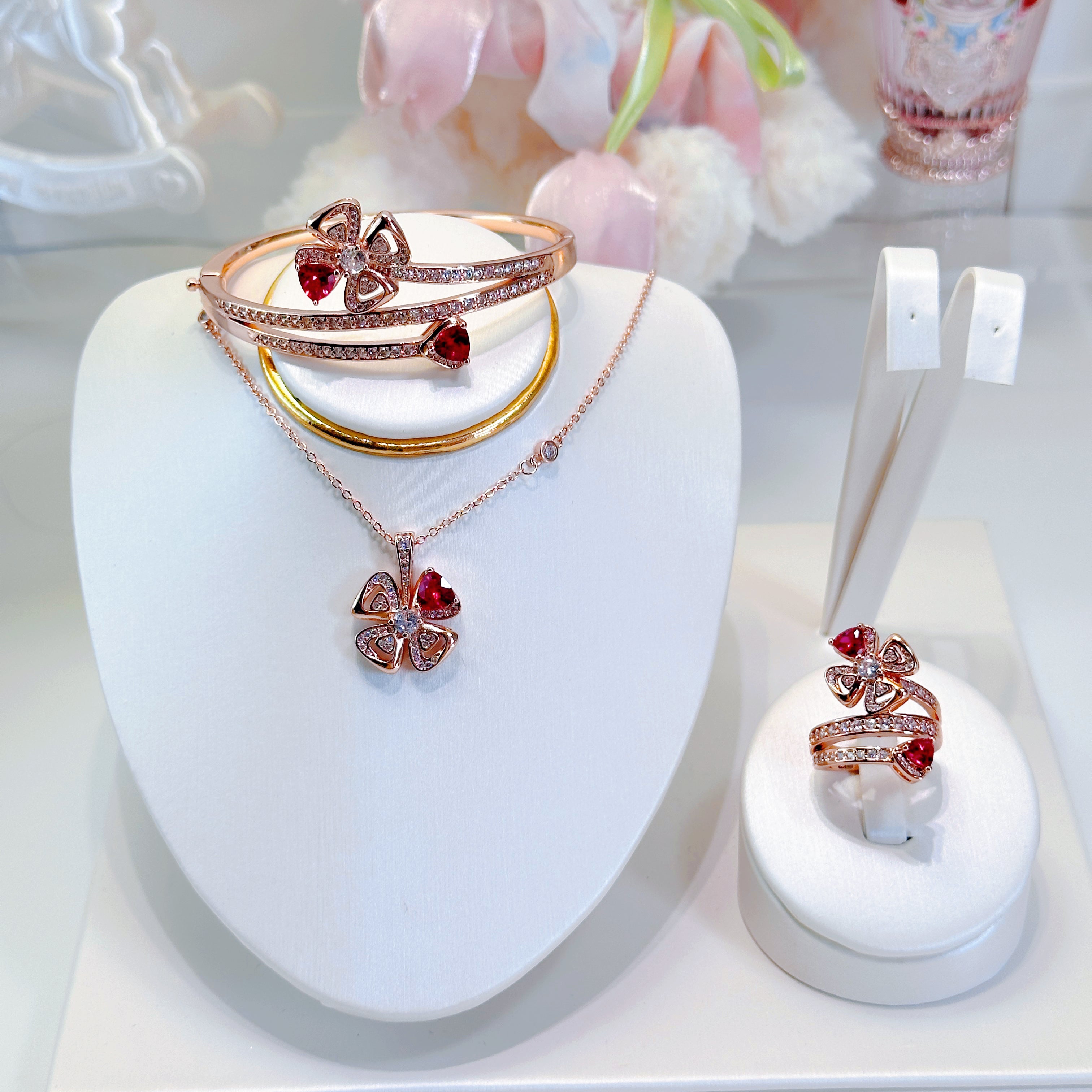 Eternal Bloom Ruby Red Jewelry Set – Necklace, Ring & Bracelet | 4-Leaf Flower Collection for Women