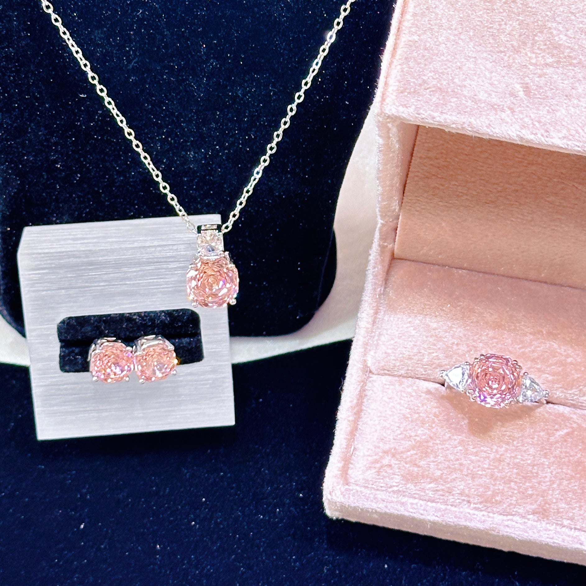 Deep Pink High Carbon Diamond Millennium Rose Cut Set | Octagon Ring Earrings Pendant Trio