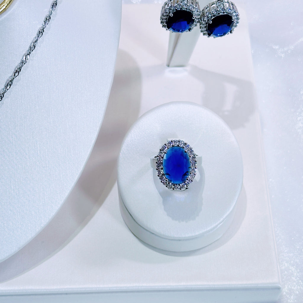 “Azure Constellation” 3-Piece Jewelry Set – Blue Gemstone Necklace, Earrings & Ring with Diamond Halo | Gold/Silver Tone