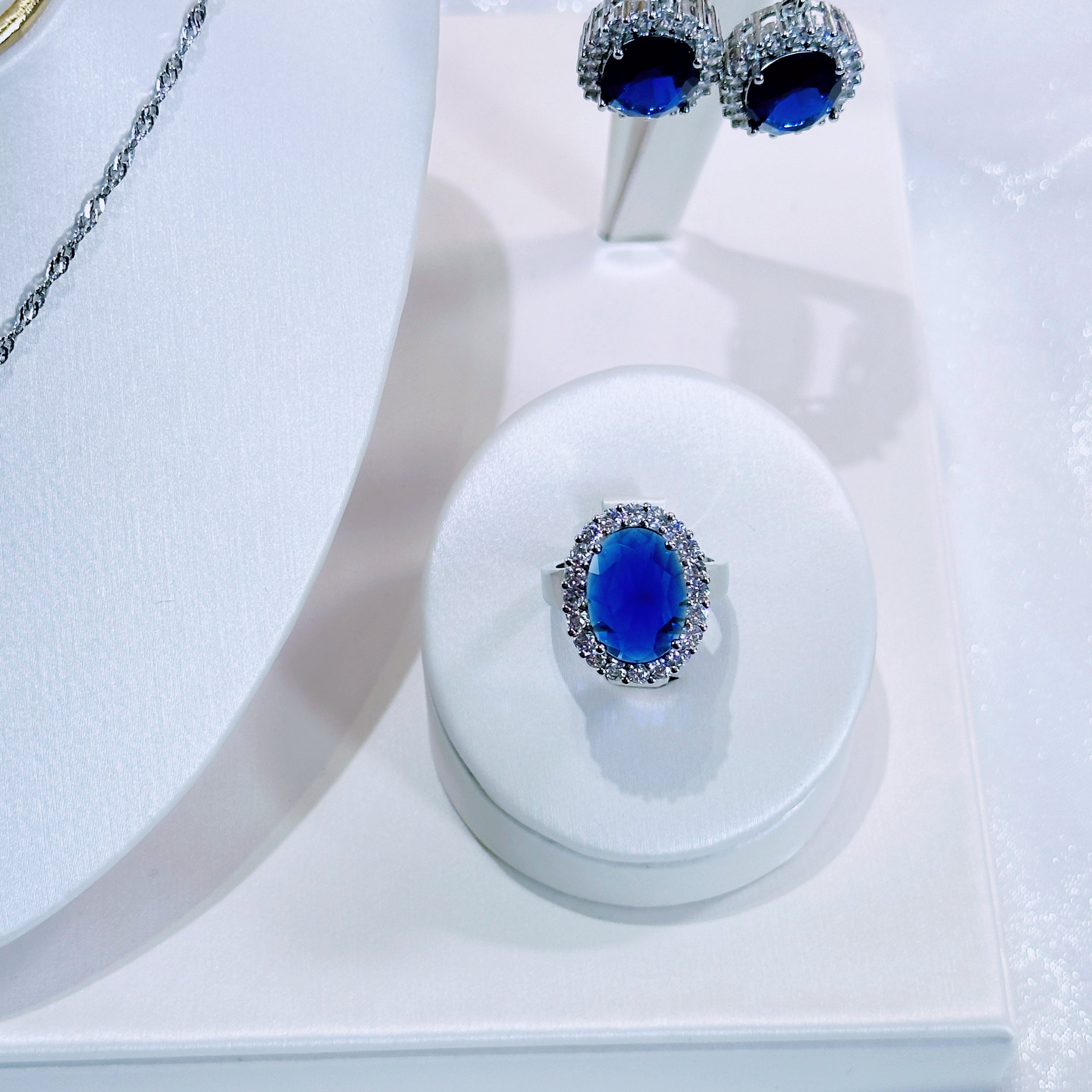 “Azure Constellation” 3-Piece Jewelry Set – Blue Gemstone Necklace, Earrings & Ring with Diamond Halo | Gold/Silver Tone