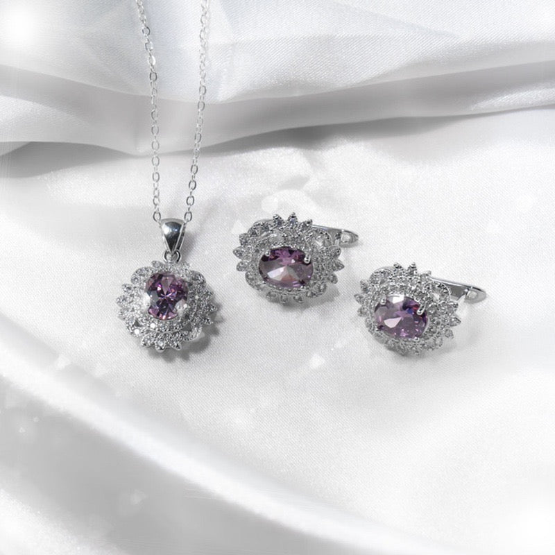 The Eternal Sunflower Duo Set – Necklace & Earrings for Bride & Bridesmaids | Silver/Gold with White/Purple Zirconia