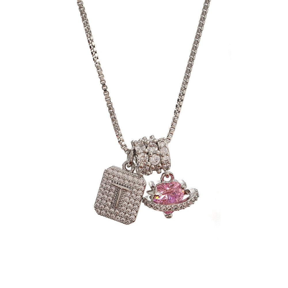 A Personalized Pink Heart Necklace - Custom Initial with CZ Stones | Dainty 40cm Chain