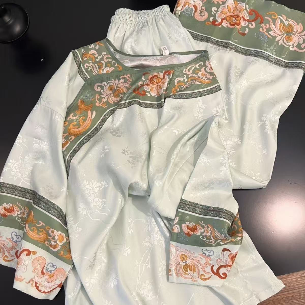 Qing Dynasty Princess Pajama Set – Vintage Court Floral Jacquard, Long-Sleeve