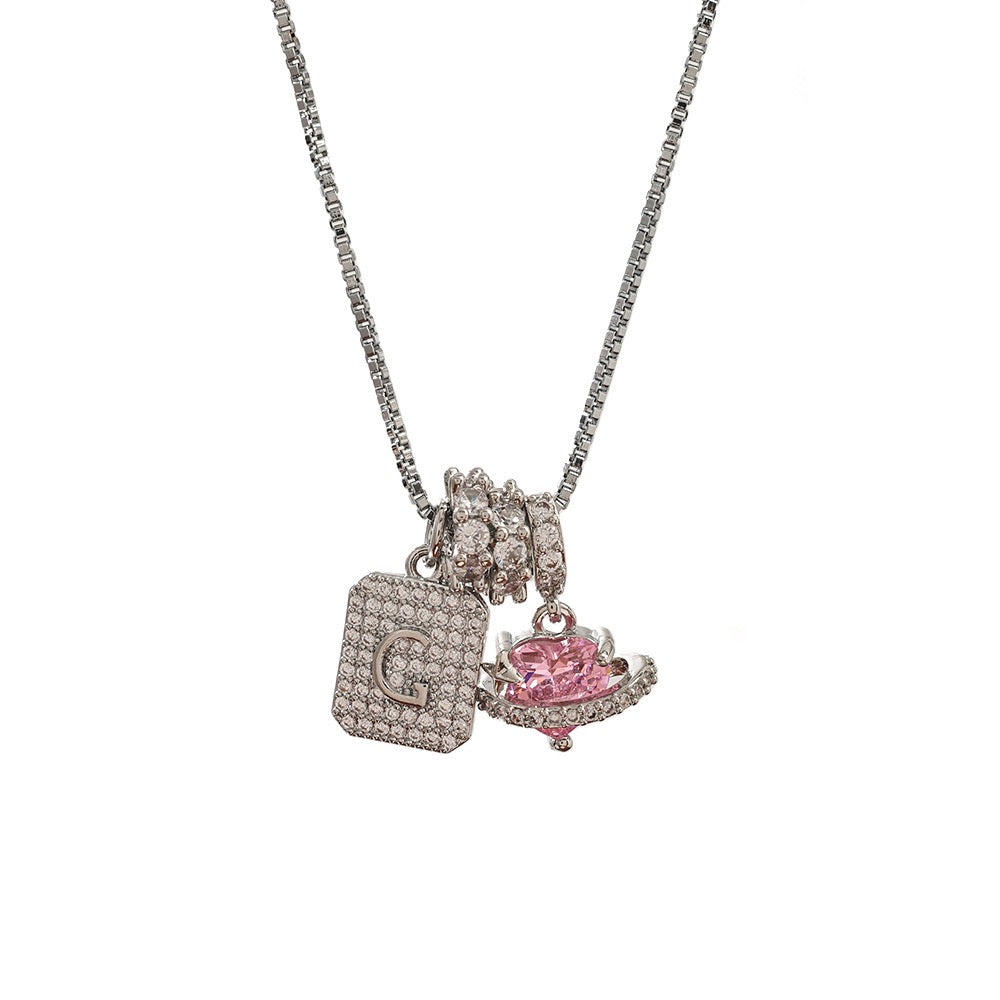A Personalized Pink Heart Necklace - Custom Initial with CZ Stones | Dainty 40cm Chain