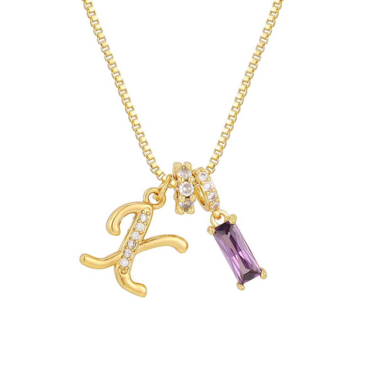 Gold Letter Necklace with Purple CZ - Rectangular Bar Pendant with Custom Initial | Personalized Jewelry