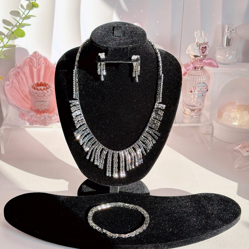 Double Layer Diamond Necklace Bracelet Earrings Set | Sapphire Ruby Emerald White Gemstone Jewelry Trio