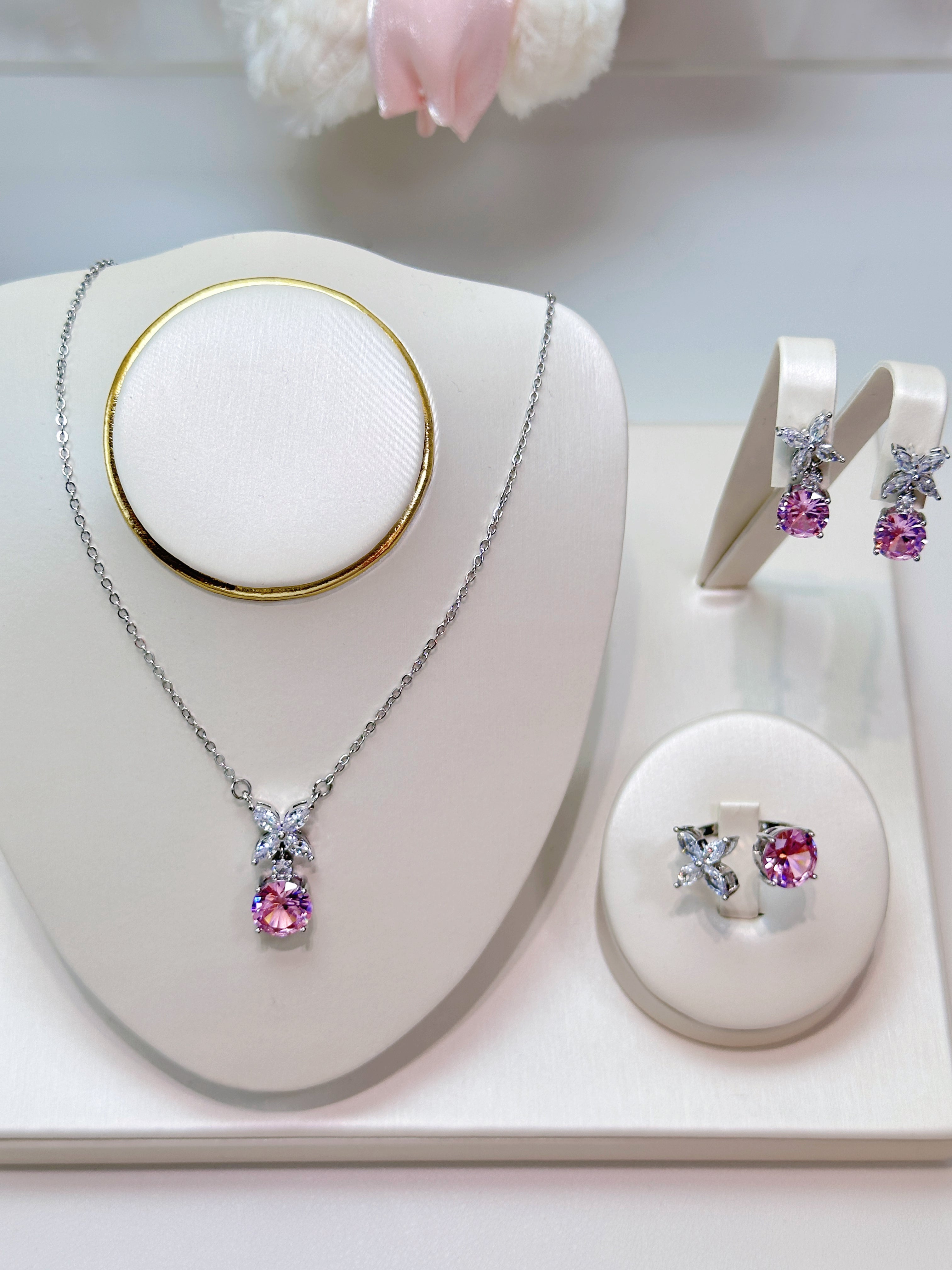 Delicate Pink Zircon Jewelry Set | Necklace, Earrings & Ring Trio