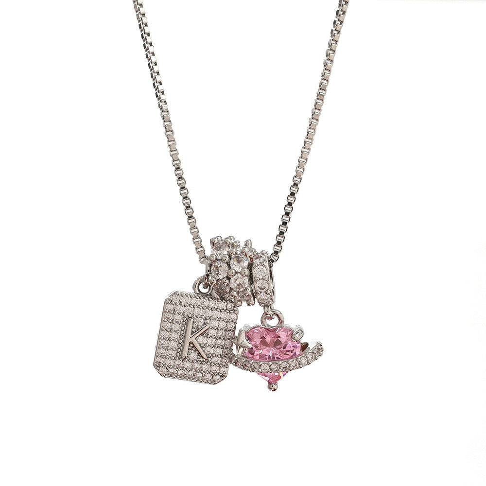 A Personalized Pink Heart Necklace - Custom Initial with CZ Stones | Dainty 40cm Chain