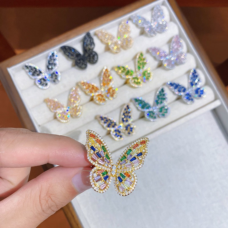 Multi-Color Butterfly Ring - 12 CZ Stone Color Options, Open Band Design