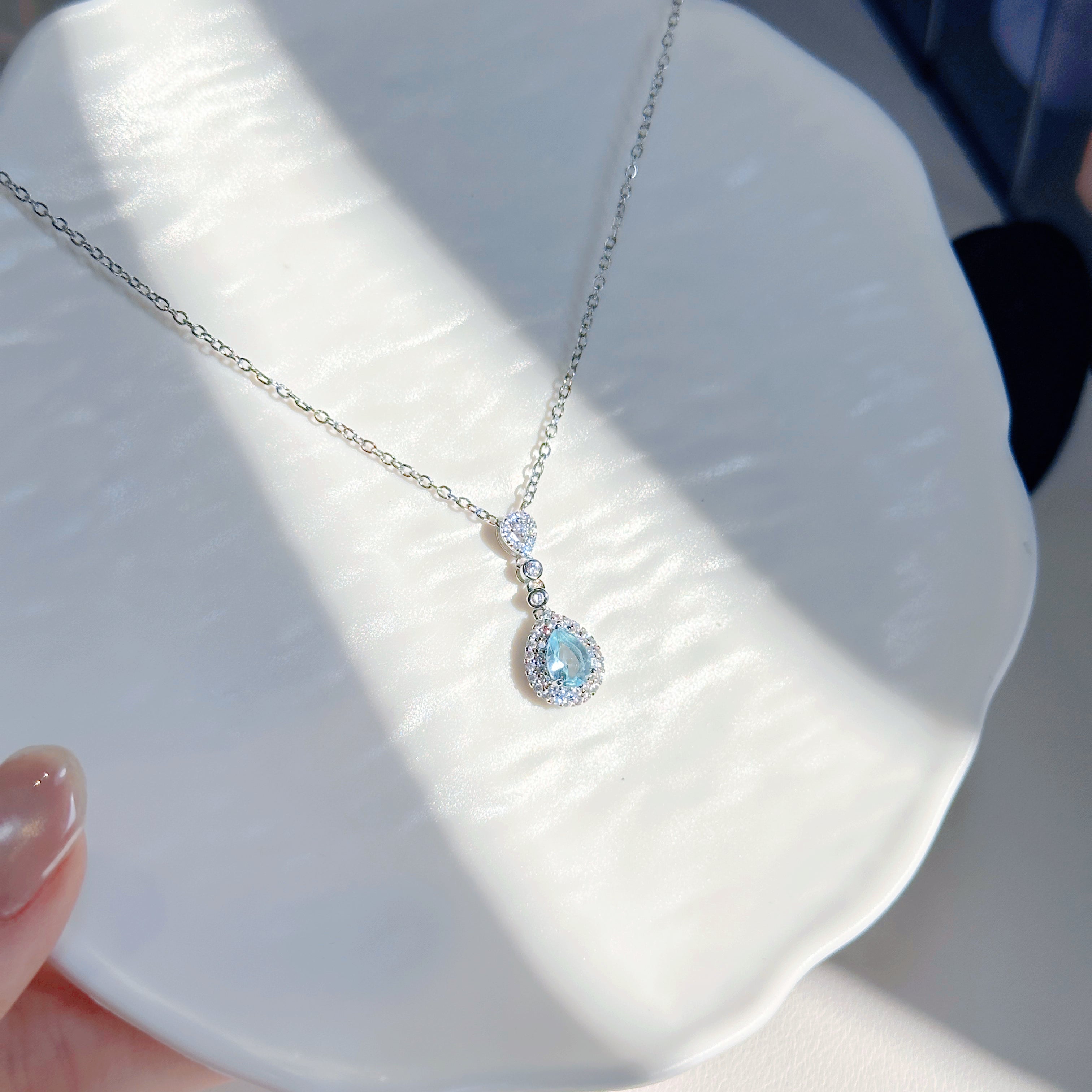 Aqua Serenity Set – s925 Sterling Silver Aquamarine Necklace & Ring | Dainty Teardrop Pendant & Square Band Ring
