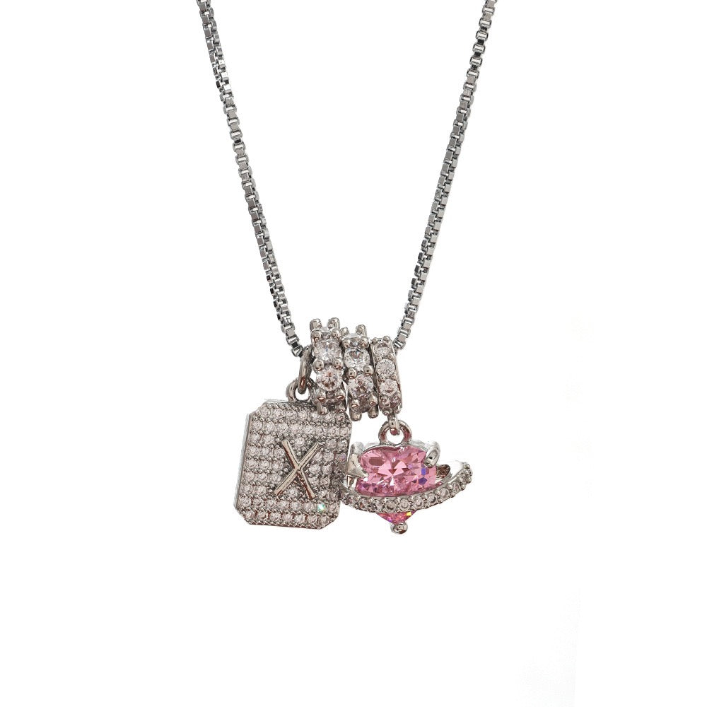 A Personalized Pink Heart Necklace - Custom Initial with CZ Stones | Dainty 40cm Chain