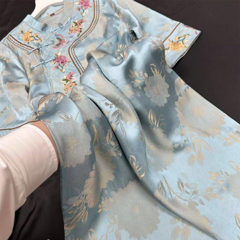 Silk-Blend Cheongsam Mini Dress – Slant Front, Floral Embroidery