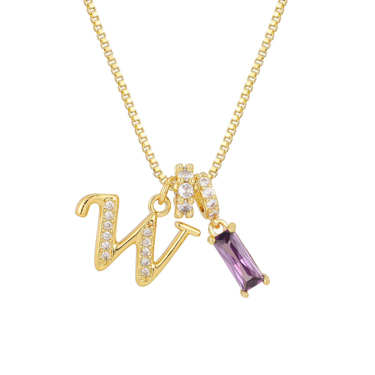 Gold Letter Necklace with Purple CZ - Rectangular Bar Pendant with Custom Initial | Personalized Jewelry