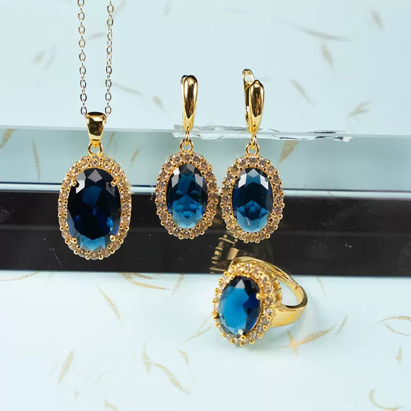 “Azure Constellation” 3-Piece Jewelry Set – Blue Gemstone Necklace, Earrings & Ring with Diamond Halo | Gold/Silver Tone
