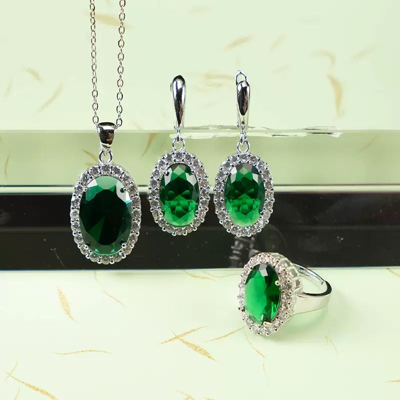 “Azure Constellation” 3-Piece Jewelry Set – Blue Gemstone Necklace, Earrings & Ring with Diamond Halo | Gold/Silver Tone