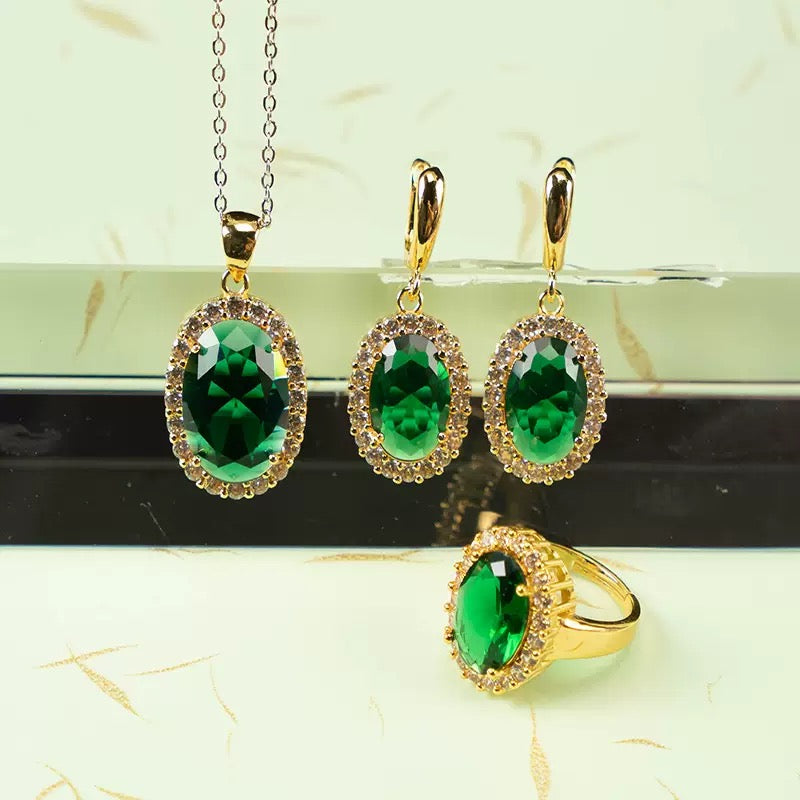 “Azure Constellation” 3-Piece Jewelry Set – Blue Gemstone Necklace, Earrings & Ring with Diamond Halo | Gold/Silver Tone