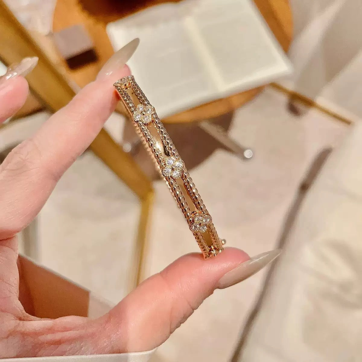 Narrow Floral Diamond Bracelet for Women - 18K Rose Gold Plated, Minimalist Luxury Design