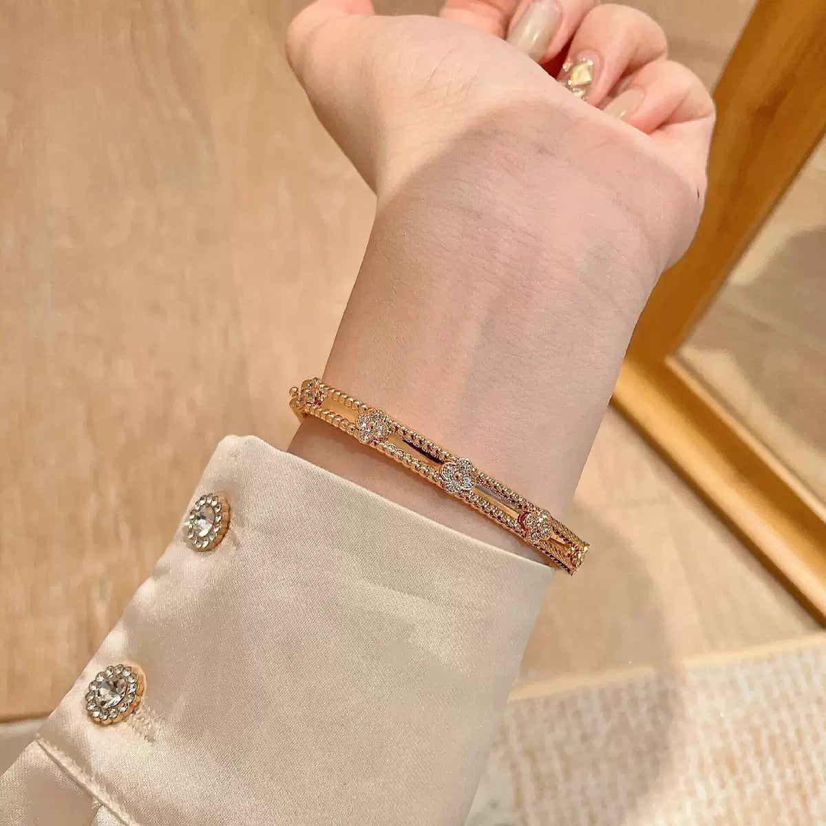 Narrow Floral Diamond Bracelet for Women - 18K Rose Gold Plated, Minimalist Luxury Design