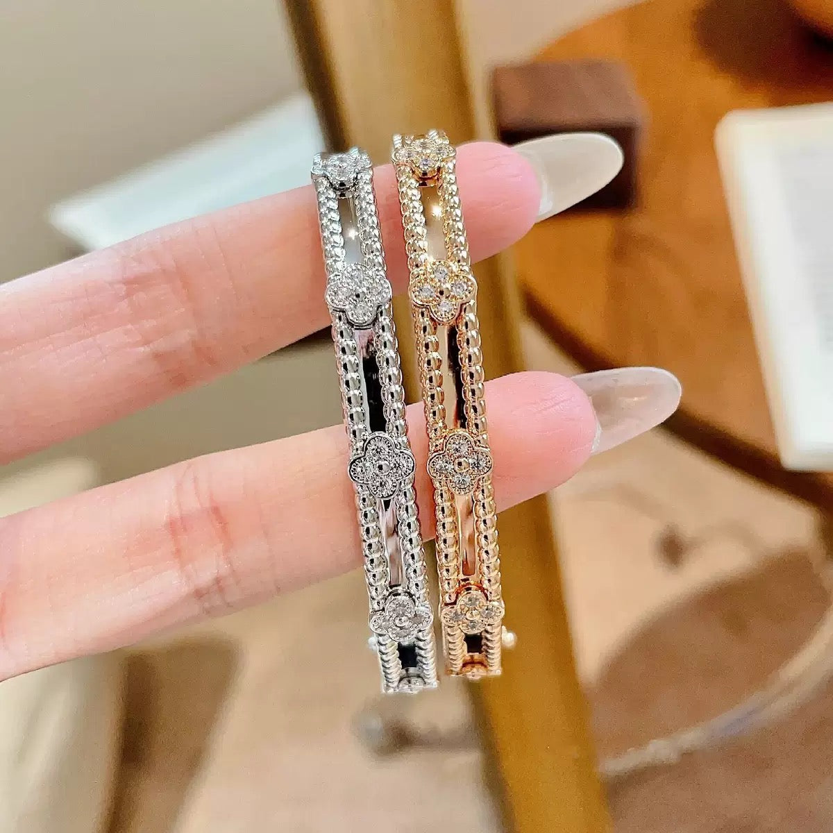 Narrow Floral Diamond Bracelet for Women - 18K Rose Gold Plated, Minimalist Luxury Design