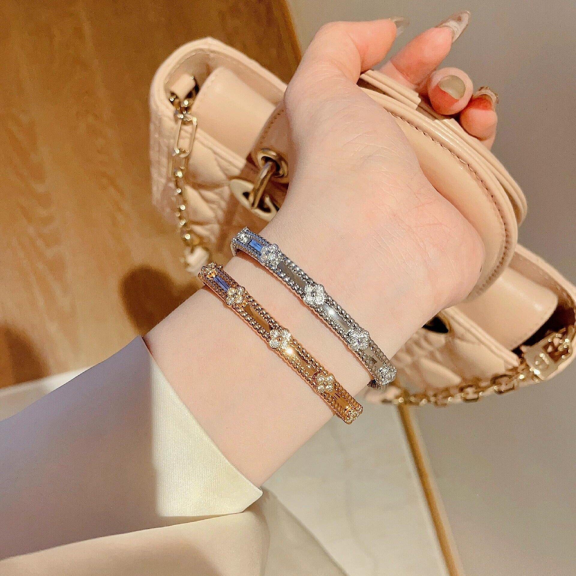 Narrow Floral Diamond Bracelet for Women - 18K Rose Gold Plated, Minimalist Luxury Design