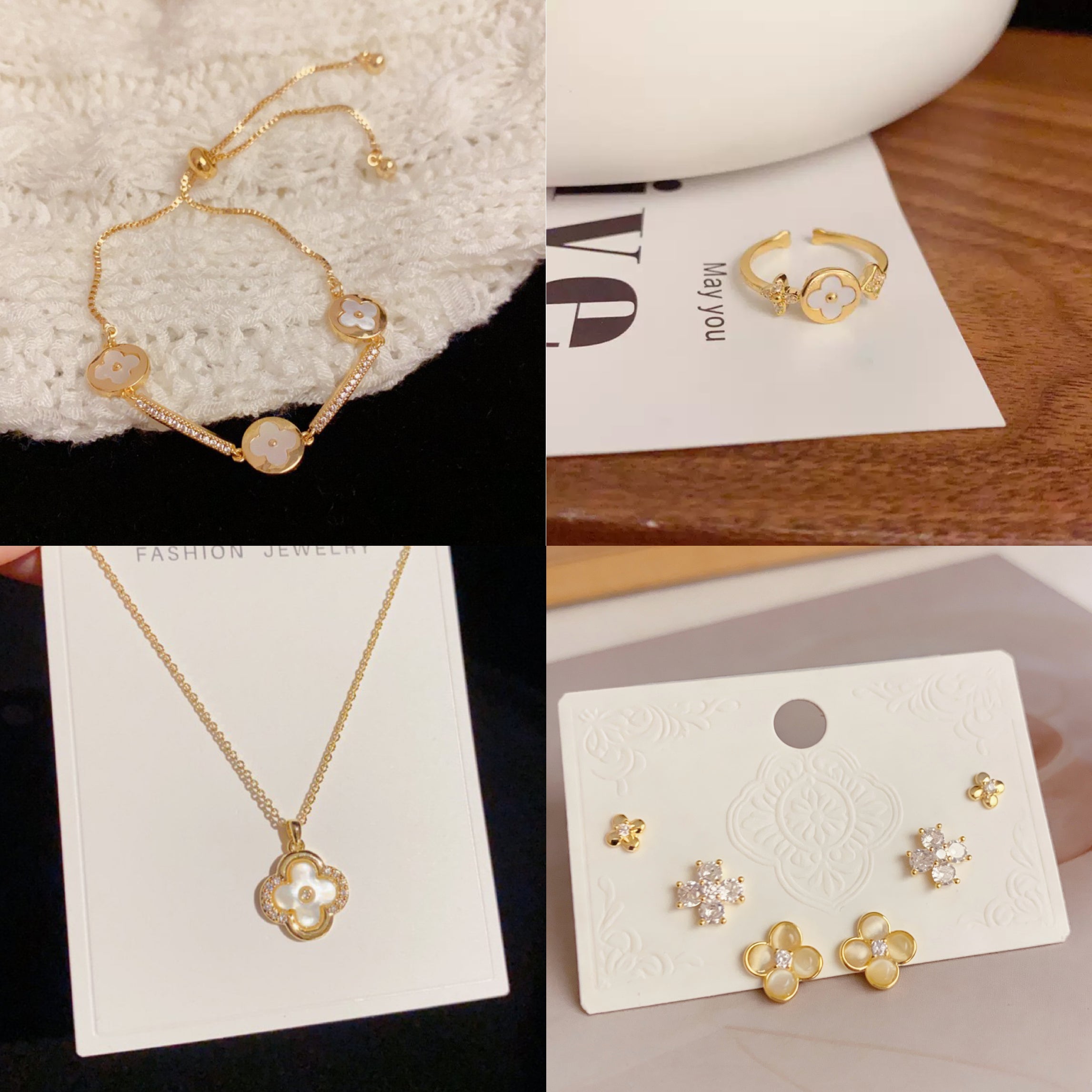 Four-Leaf Bloom Jewelry Set – Adjustable Bracelet, Open Ring, Pendant & Earrings | Gold/Silver
