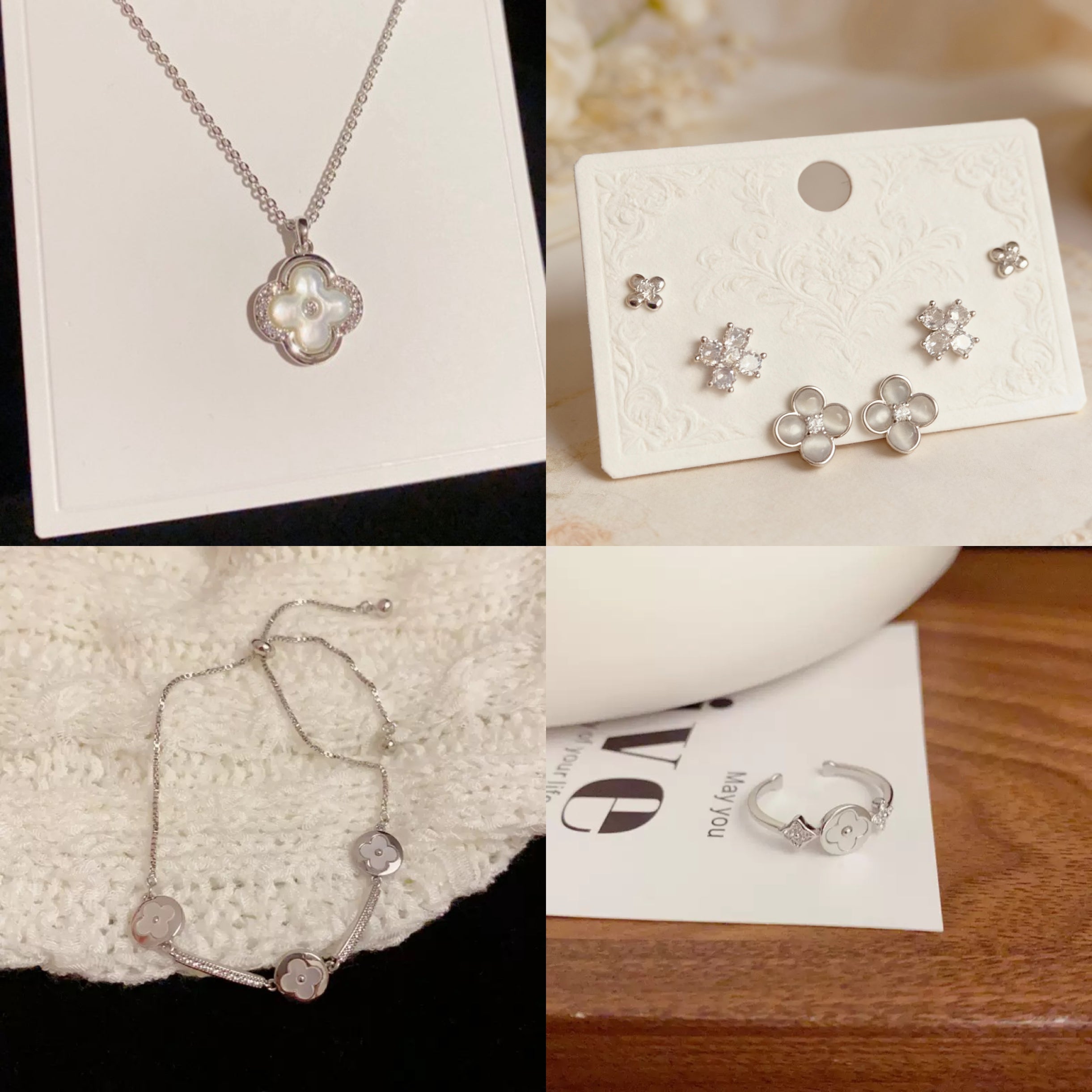Four-Leaf Bloom Jewelry Set – Adjustable Bracelet, Open Ring, Pendant & Earrings | Gold/Silver