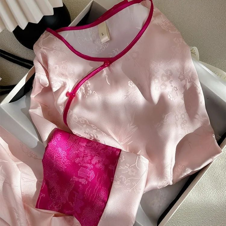 Rose Jacquard Long-Sleeve Pajama Set – Modern Oriental拼接 Design, Plus Size S-XL