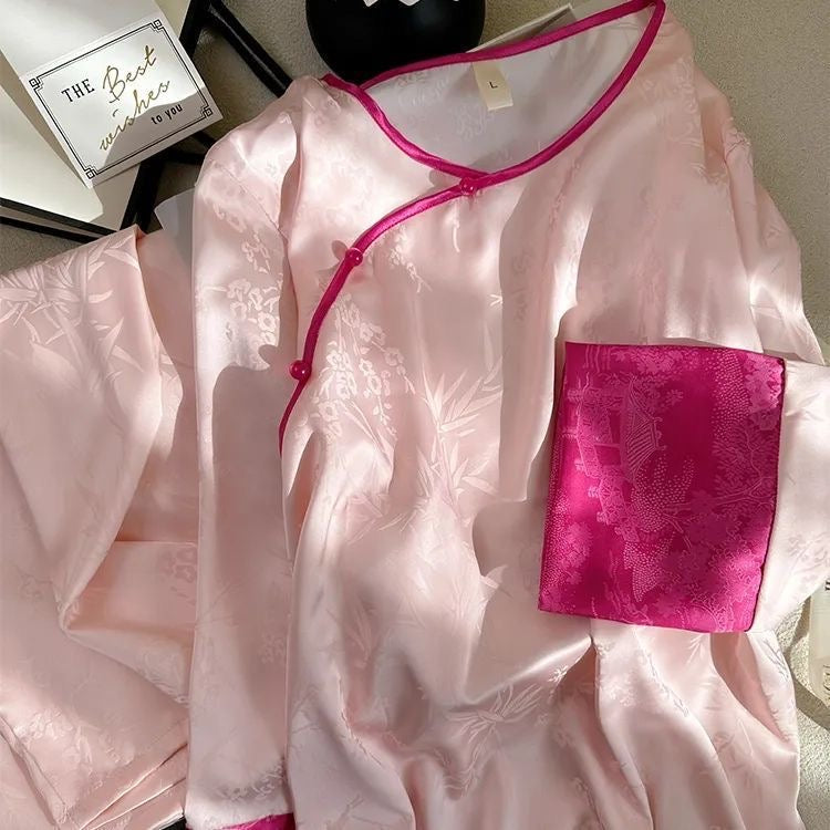 Rose Jacquard Long-Sleeve Pajama Set – Modern Oriental拼接 Design, Plus Size S-XL