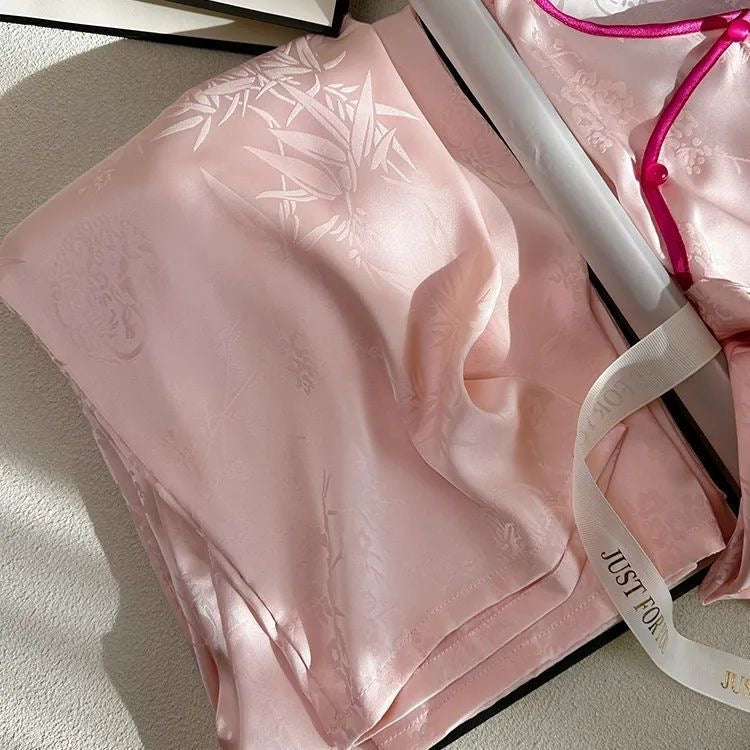 Rose Jacquard Long-Sleeve Pajama Set – Modern Oriental拼接 Design, Plus Size S-XL