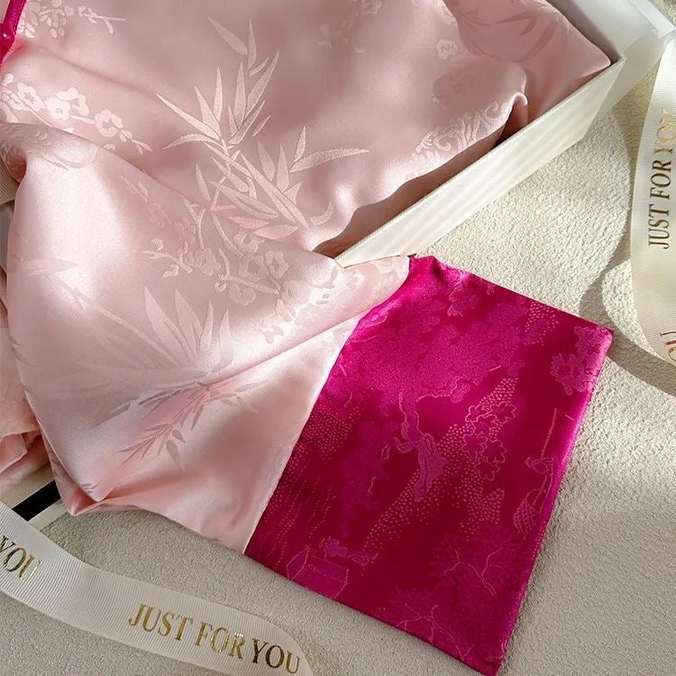 Rose Jacquard Long-Sleeve Pajama Set – Modern Oriental拼接 Design, Plus Size S-XL