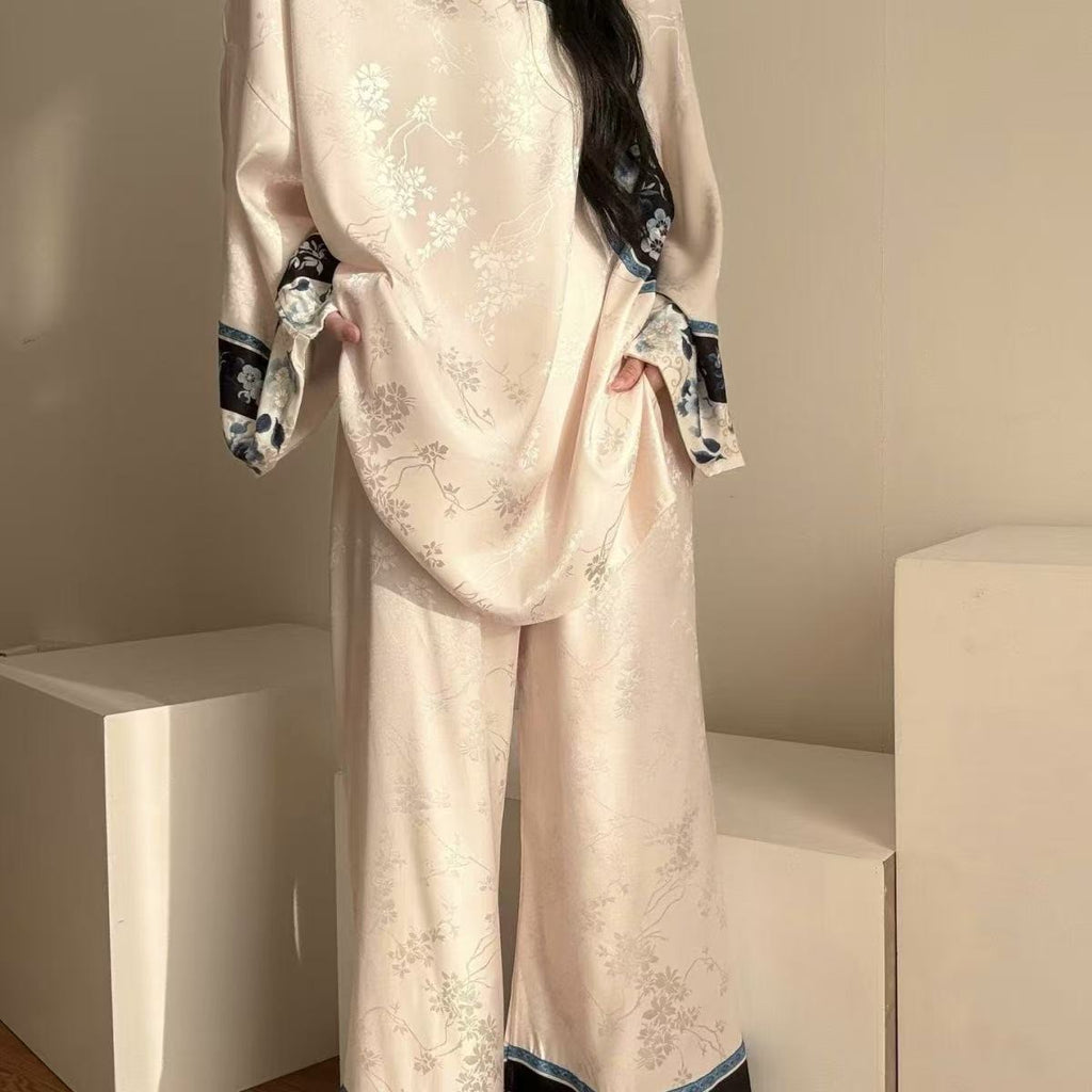 Qing Dynasty Princess Pajama Set – Vintage Court Floral Jacquard, Long-Sleeve