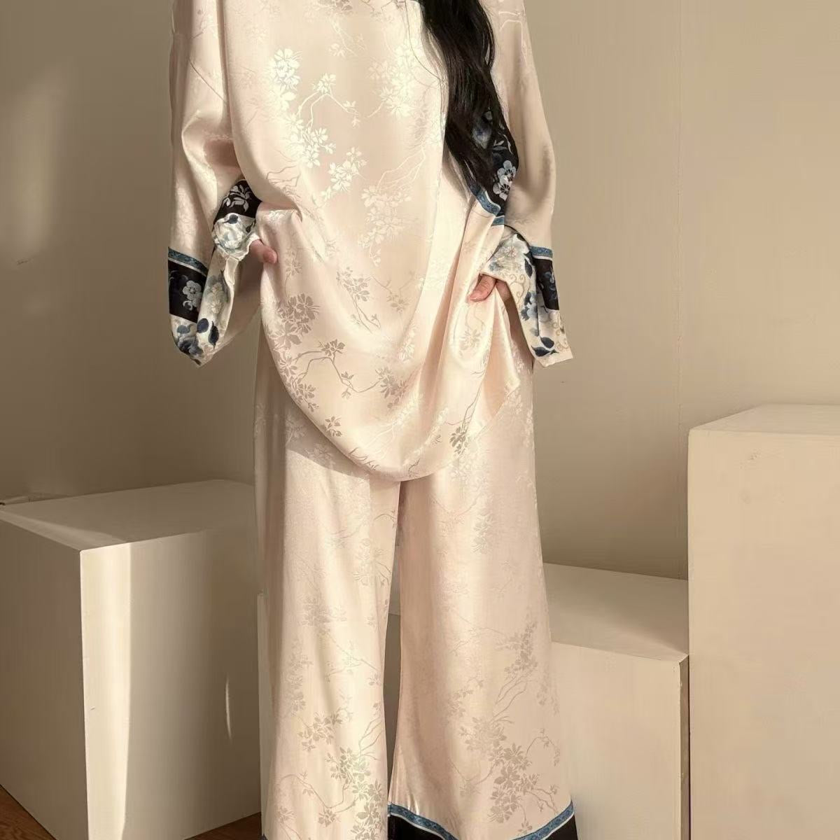 Qing Dynasty Princess Pajama Set – Vintage Court Floral Jacquard, Long-Sleeve