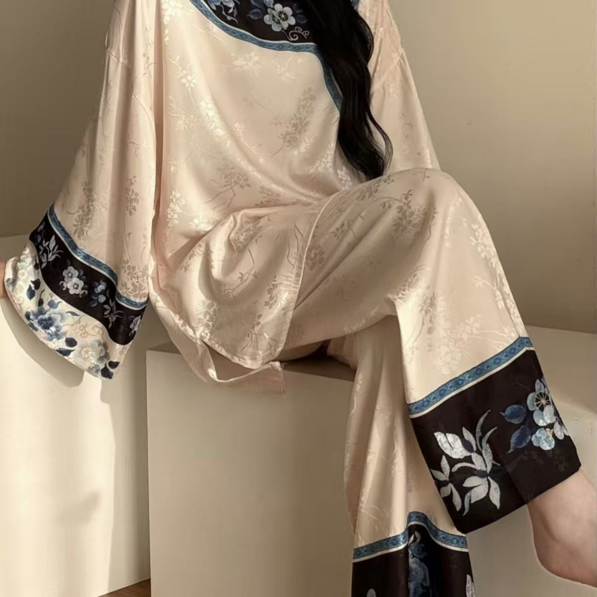 Qing Dynasty Princess Pajama Set – Vintage Court Floral Jacquard, Long-Sleeve