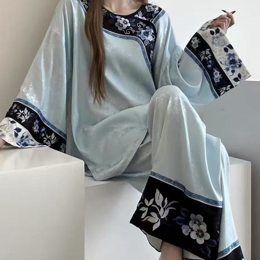 Qing Dynasty Princess Pajama Set – Vintage Court Floral Jacquard, Long-Sleeve